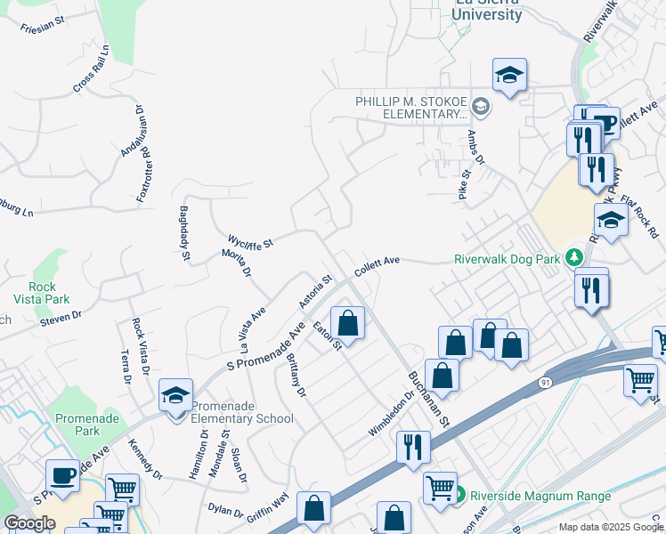 map of restaurants, bars, coffee shops, grocery stores, and more near 651 Canterbury Street in Corona