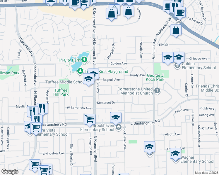 map of restaurants, bars, coffee shops, grocery stores, and more near 242 Garfield Avenue in Placentia
