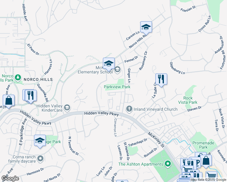 map of restaurants, bars, coffee shops, grocery stores, and more near 1995 Las Colinas Circle in Corona