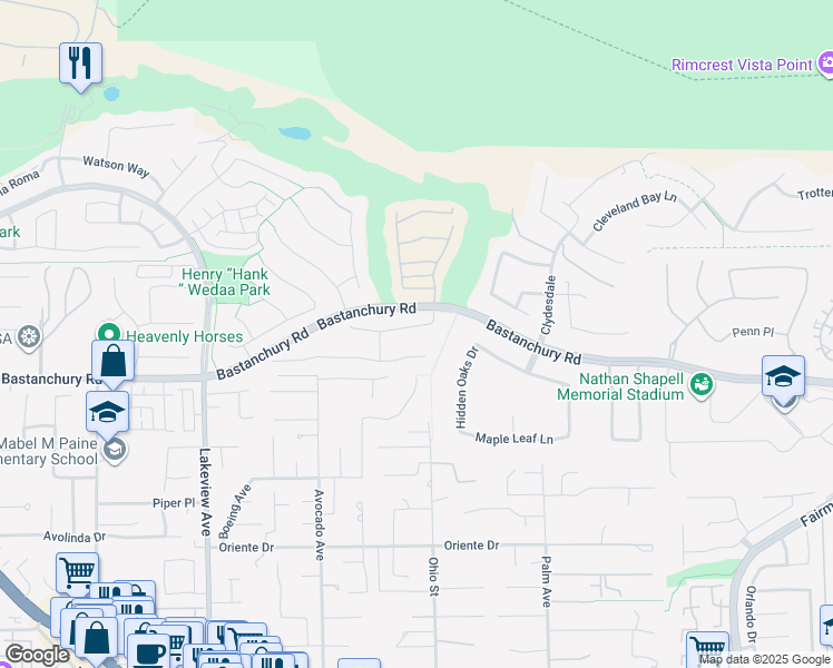map of restaurants, bars, coffee shops, grocery stores, and more near 18944 Secretariat Way in Yorba Linda