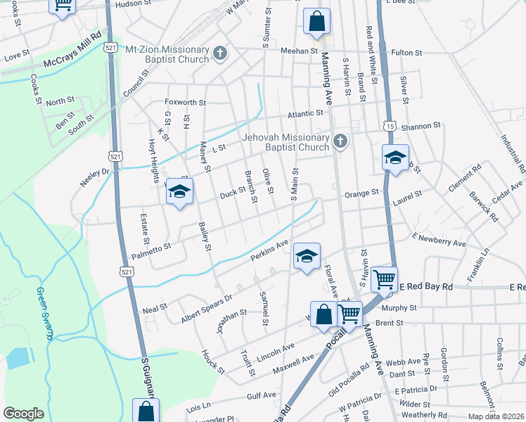 map of restaurants, bars, coffee shops, grocery stores, and more near 730 Olive Street in Sumter