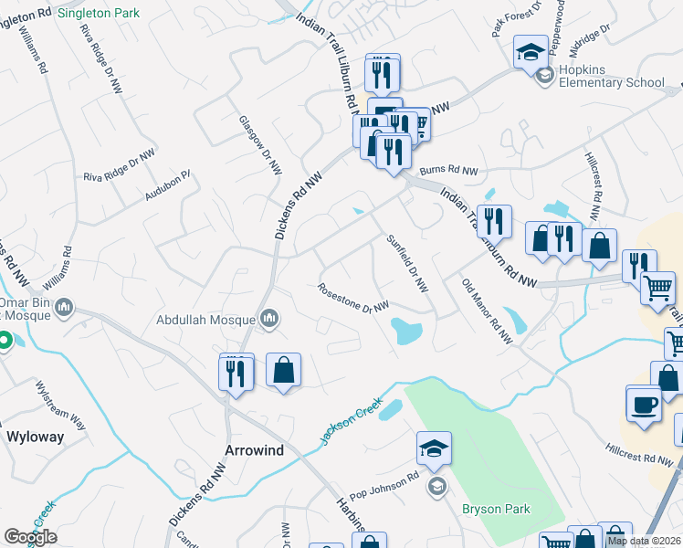map of restaurants, bars, coffee shops, grocery stores, and more near 5101 Rosestone Drive Northwest in Lilburn