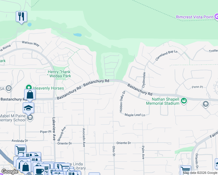 map of restaurants, bars, coffee shops, grocery stores, and more near 18944 Secretariat Way in Yorba Linda