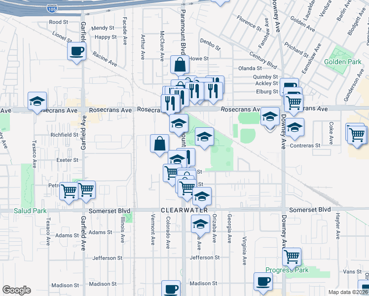 map of restaurants, bars, coffee shops, grocery stores, and more near 14400 Paramount Boulevard in Paramount