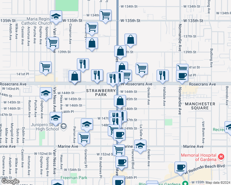 map of restaurants, bars, coffee shops, grocery stores, and more near 14301 South Western Avenue in Gardena