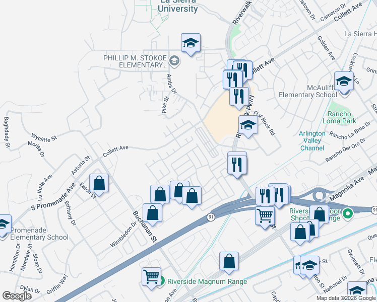 map of restaurants, bars, coffee shops, grocery stores, and more near 11950 Elk Boulevard in Riverside