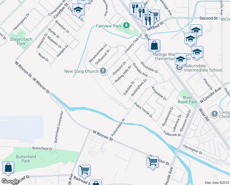 map of restaurants, bars, coffee shops, grocery stores, and more near 1474 Greenbriar Avenue in Corona