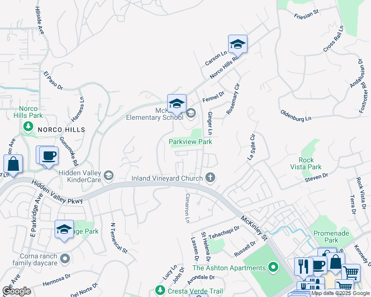 map of restaurants, bars, coffee shops, grocery stores, and more near 1995 Las Colinas Circle in Corona