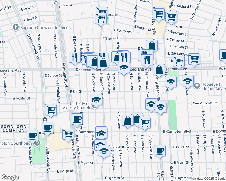 map of restaurants, bars, coffee shops, grocery stores, and more near 806 North Chester Avenue in Compton