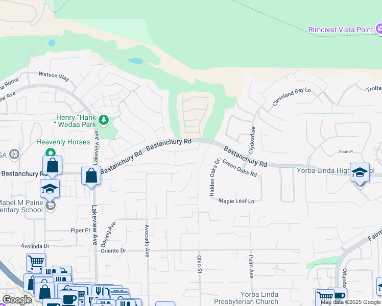 map of restaurants, bars, coffee shops, grocery stores, and more near 18944 Secretariat Way in Yorba Linda