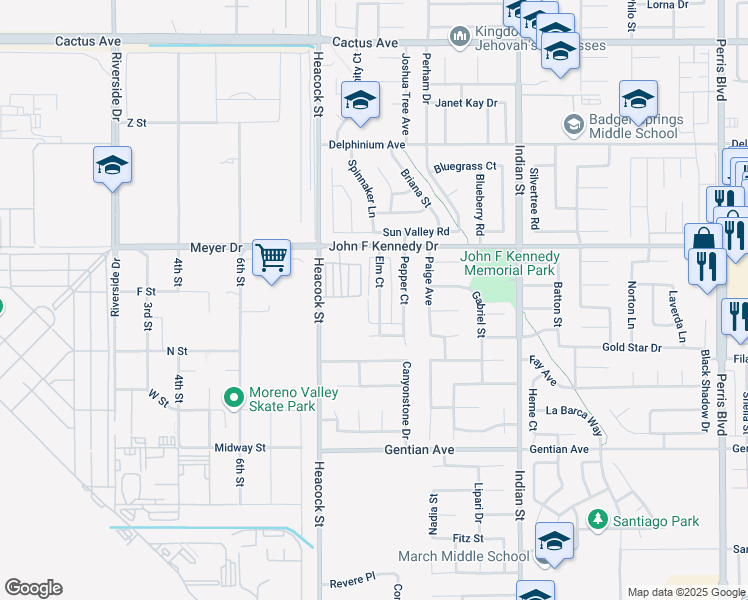 map of restaurants, bars, coffee shops, grocery stores, and more near 15129 Elm Court in Moreno Valley