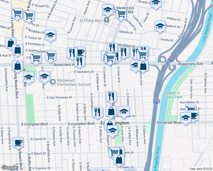 map of restaurants, bars, coffee shops, grocery stores, and more near 14524 South Cookacre Street in Compton