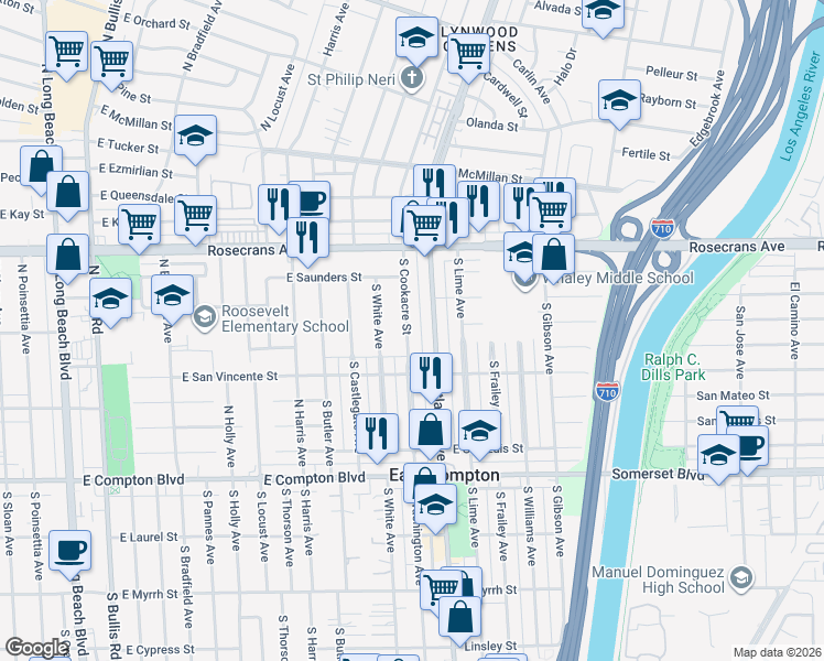 map of restaurants, bars, coffee shops, grocery stores, and more near 14515 Atlantic Avenue in East Compton
