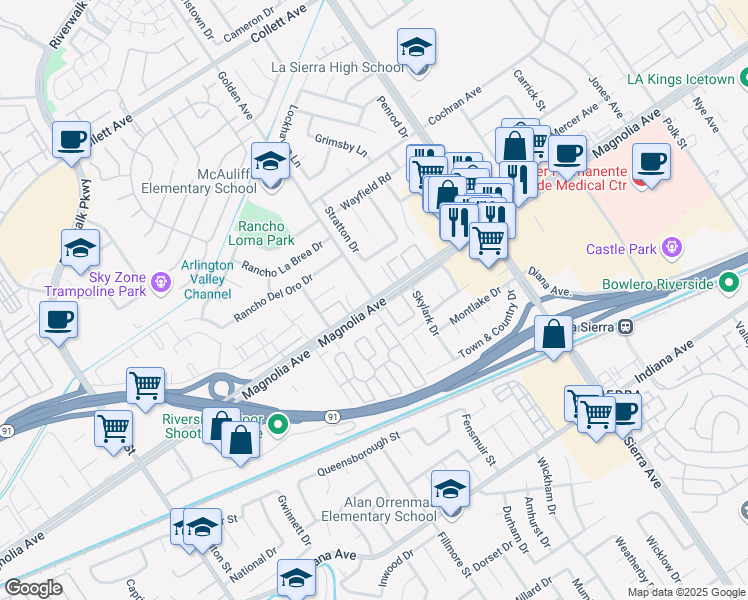 map of restaurants, bars, coffee shops, grocery stores, and more near Magnolia Avenue & Golden Avenue in Riverside
