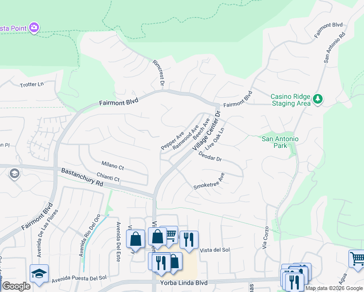 map of restaurants, bars, coffee shops, grocery stores, and more near 4144 Rainwood Avenue in Yorba Linda