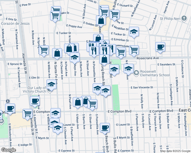 map of restaurants, bars, coffee shops, grocery stores, and more near 700 North Poinsettia Avenue in Compton