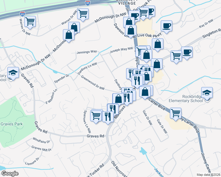 map of restaurants, bars, coffee shops, grocery stores, and more near 1500 Greenwood Drive Northwest in Norcross