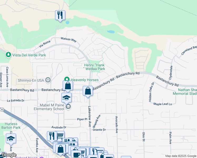 map of restaurants, bars, coffee shops, grocery stores, and more near 4146 Churchill Downs Drive in Yorba Linda