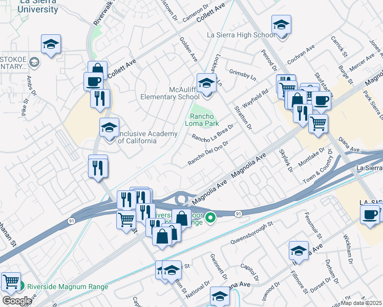 map of restaurants, bars, coffee shops, grocery stores, and more near 11414 Rancho La Brea Drive in Riverside