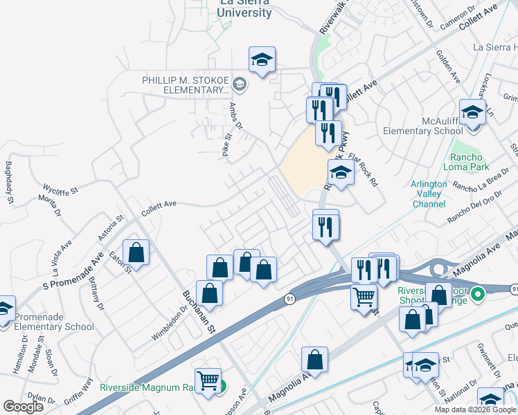 map of restaurants, bars, coffee shops, grocery stores, and more near 11950 Elk Boulevard in Riverside