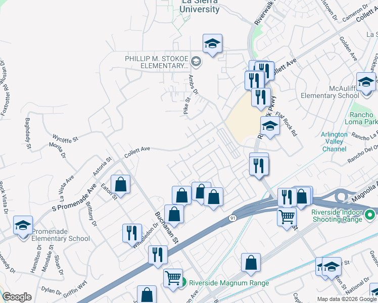 map of restaurants, bars, coffee shops, grocery stores, and more near 12016 Quantico Drive in Riverside