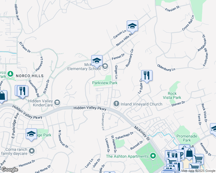 map of restaurants, bars, coffee shops, grocery stores, and more near 2094 Parkview Drive in Corona