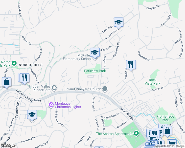 map of restaurants, bars, coffee shops, grocery stores, and more near 2094 Parkview Drive in Corona