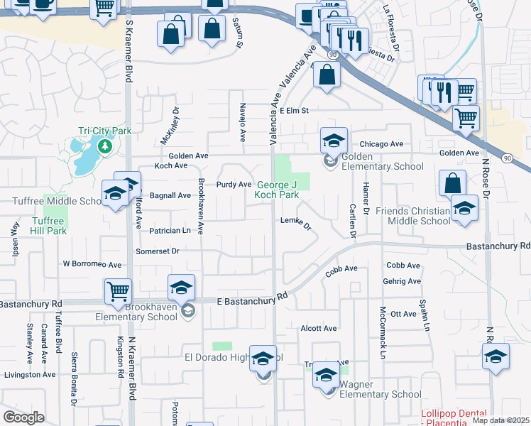 map of restaurants, bars, coffee shops, grocery stores, and more near 2133 Kathryn Way in Placentia