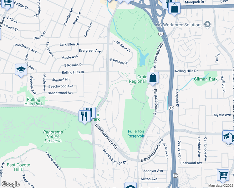 map of restaurants, bars, coffee shops, grocery stores, and more near 2650 Saratoga Drive in Fullerton