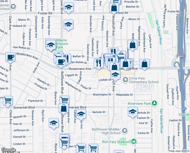 map of restaurants, bars, coffee shops, grocery stores, and more near 9947 Liggett Street in Bellflower
