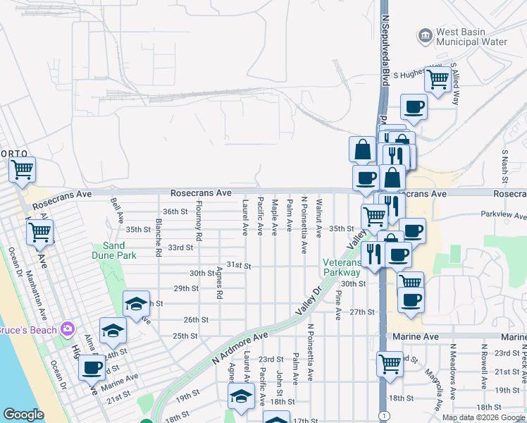 map of restaurants, bars, coffee shops, grocery stores, and more near 786 Rosecrans Avenue in Manhattan Beach