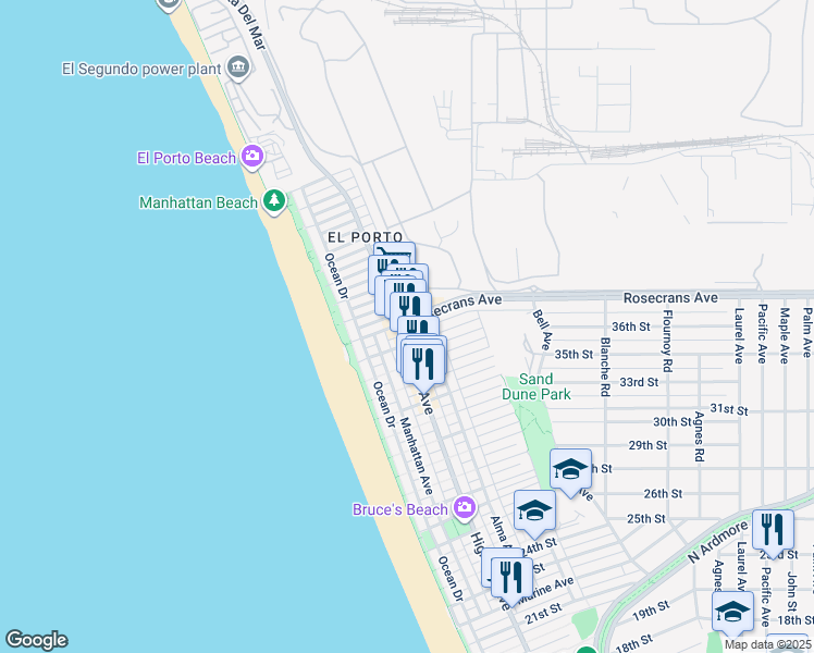 map of restaurants, bars, coffee shops, grocery stores, and more near 3770 Highland Avenue in Manhattan Beach
