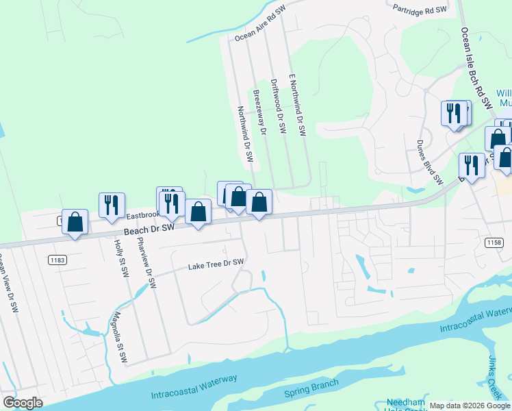 map of restaurants, bars, coffee shops, grocery stores, and more near 1655 Northwind Dr SW in Ocean Isle Beach