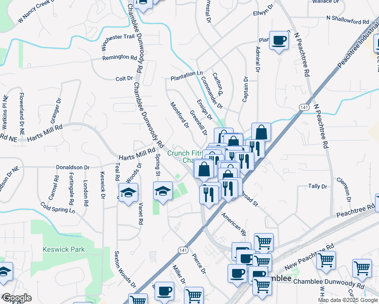 map of restaurants, bars, coffee shops, grocery stores, and more near 3734 Montford Drive in Chamblee