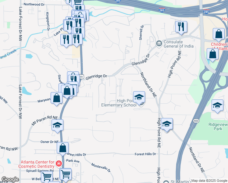 map of restaurants, bars, coffee shops, grocery stores, and more near 42 Greenland Trce in Atlanta