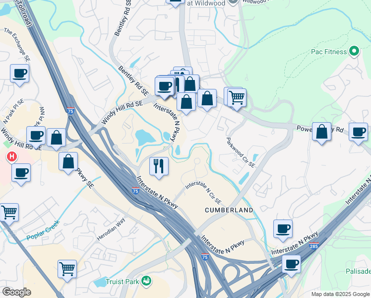 map of restaurants, bars, coffee shops, grocery stores, and more near 150 Interstate North Parkway in Atlanta
