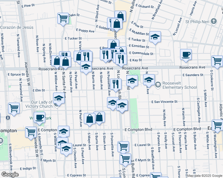map of restaurants, bars, coffee shops, grocery stores, and more near 700 North Poinsettia Avenue in Compton