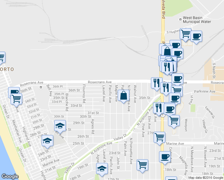 map of restaurants, bars, coffee shops, grocery stores, and more near 3528 Pacific Avenue in Manhattan Beach