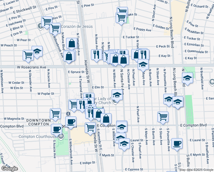 map of restaurants, bars, coffee shops, grocery stores, and more near 701 North Spring Avenue in Compton