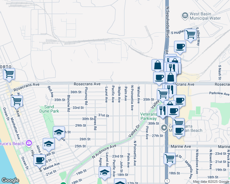 map of restaurants, bars, coffee shops, grocery stores, and more near 3528 Pacific Avenue in Manhattan Beach