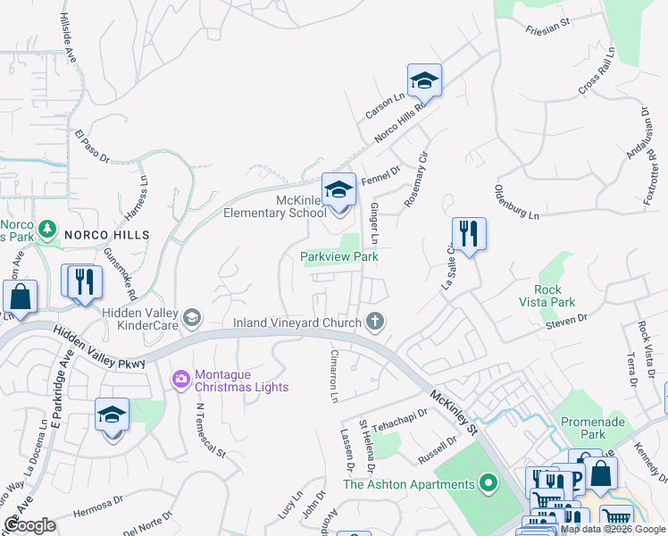 map of restaurants, bars, coffee shops, grocery stores, and more near 1995 Las Colinas Circle in Corona