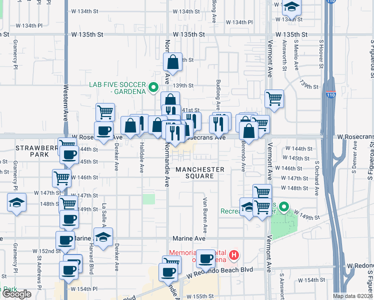 map of restaurants, bars, coffee shops, grocery stores, and more near 1310 Rosecrans Avenue in Gardena