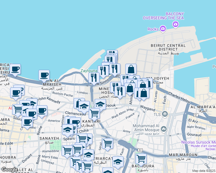 map of restaurants, bars, coffee shops, grocery stores, and more near Ahmad Shawki in Bayrut