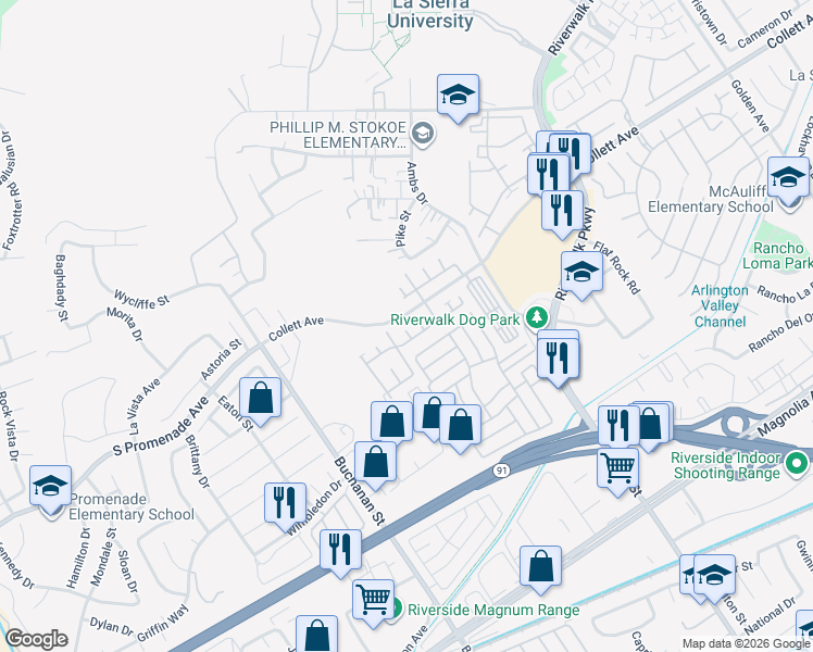 map of restaurants, bars, coffee shops, grocery stores, and more near 12016 Quantico Drive in Riverside