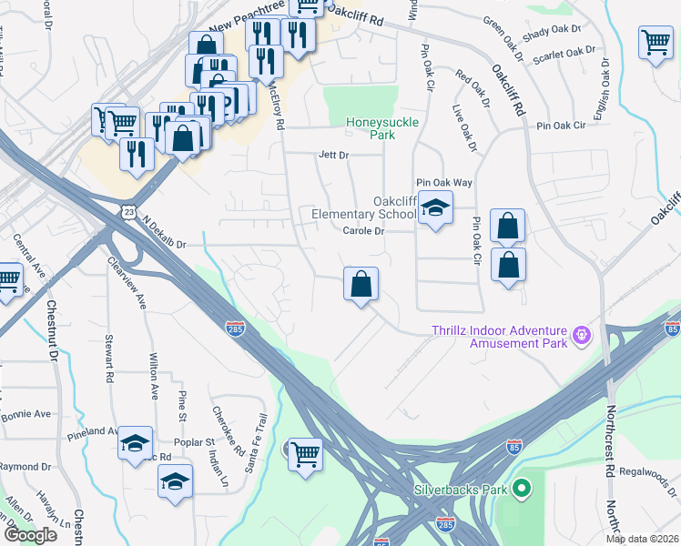 map of restaurants, bars, coffee shops, grocery stores, and more near 3748 Jamestown Court in Doraville