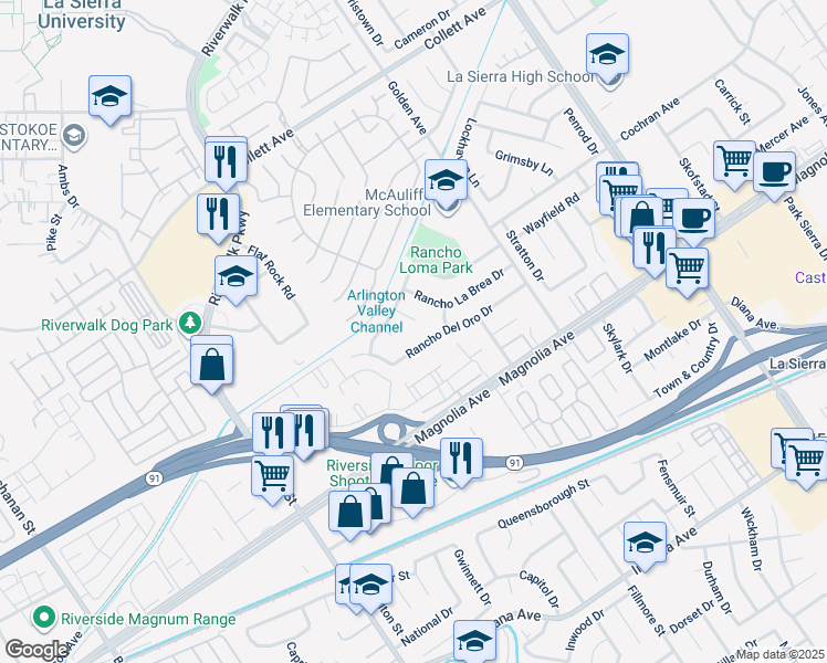 map of restaurants, bars, coffee shops, grocery stores, and more near 11414 Rancho La Brea Drive in Riverside