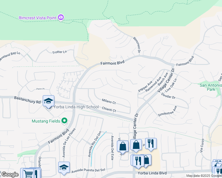 map of restaurants, bars, coffee shops, grocery stores, and more near 4109 Cortona Court in Yorba Linda