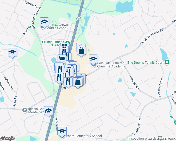 map of restaurants, bars, coffee shops, grocery stores, and more near 1375 Webb Gin House Road in Lawrenceville