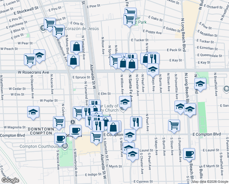 map of restaurants, bars, coffee shops, grocery stores, and more near 802 North Spring Avenue in Compton