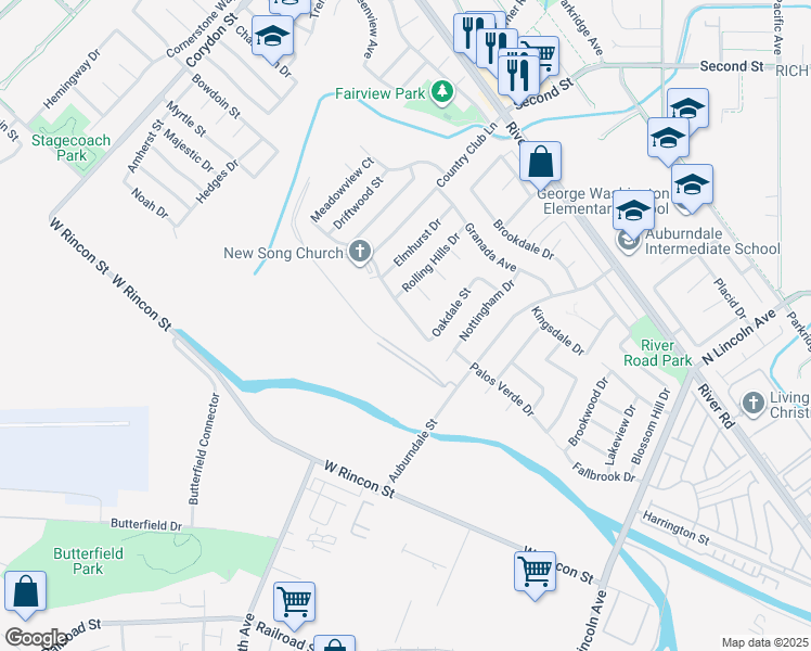 map of restaurants, bars, coffee shops, grocery stores, and more near 1474 Greenbriar Avenue in Corona